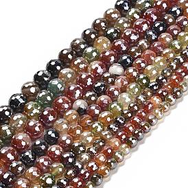 Electroplated Natural Agate Round Beads Strands, Dyed & Heated, Faceted(128 Facets)