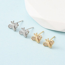 Серьги-гвоздики в виде пчел из латуни с микропаве из прозрачных кубических цирконий