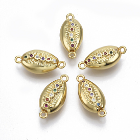 Brass Micro Pave Cubic Zirconia Links Connectors, Cowrie Shell Shape, Colorful