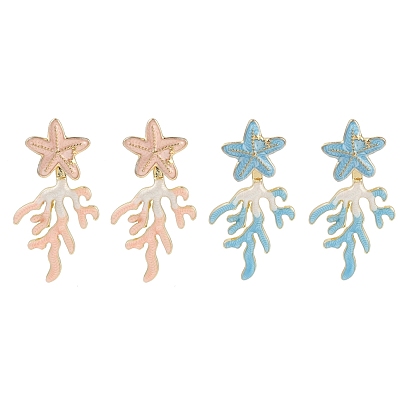 Серьги-гвоздики с эмалью в виде коралла и морской звезды, серьги спереди и сзади, золотые