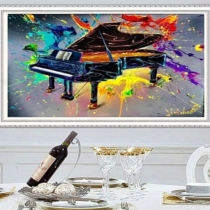 DIY Musical Theme Diamond Painting Kits, Including Canvas, Resin Rhinestones, Diamond Sticky Pen, Tray Plate and Glue Clay, Piano, Musical Instruments Pattern