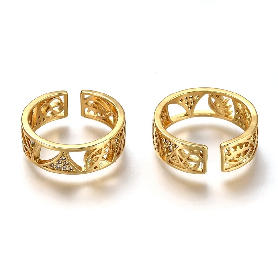 Brass Micro Pave Clear Cubic Zirconia Cuff Rings, Open Rings, Long-Lasting Plated, Eye, Hollow