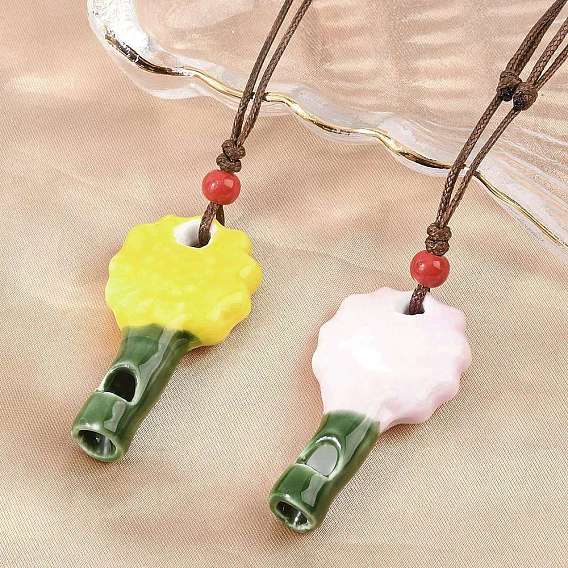 Adjustable Sunflower Porcelain Whistle Pendant Waxed Cord Necklaces for Women