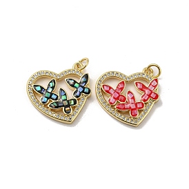 Brass Micro Pave Cubic Zirconia Pendants, with Enamel Shell, Heart with Butterfly