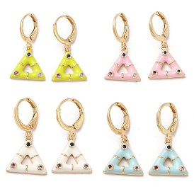Triangle Real 18K Gold Plated Brass Dangle Leverback Earrings, with Enamel and Cubic Zirconia