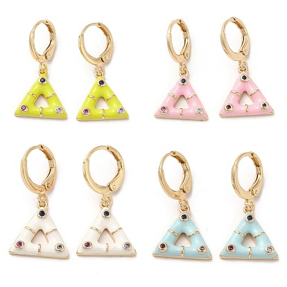 Boucles d'oreilles pendantes triangulaires en laiton doré, fermoir à levier, avec de l'émail et de la zircone cubique
