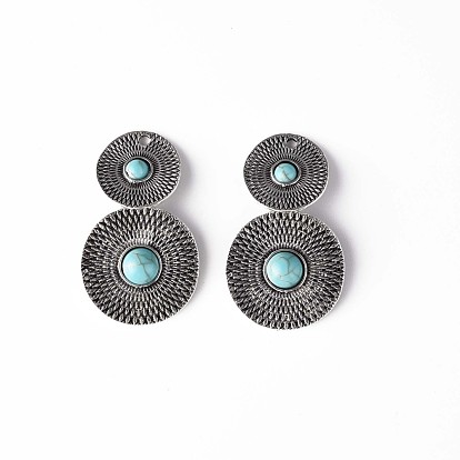 Synthetic Turquoise Pendants, with Aolly Findings, Cadmium Free & Nickel Free & Lead Free, Antique Silver, Flat Round