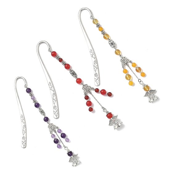 3 шт. круглые бусины из натурального кварца, аметиста и малайзийского нефрита и закладки в виде ангела из сплава, крючок закладка