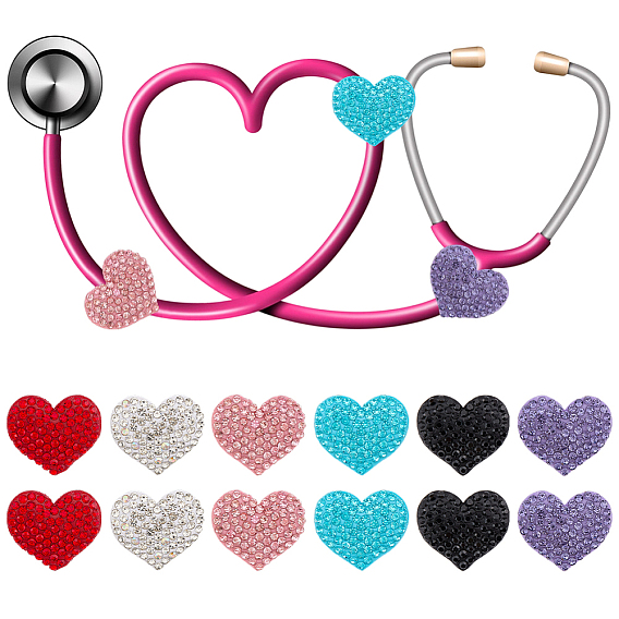12шт 6 цвета сердце полимерная глина стразы стетоскоп кулон украшения, с 304 фурнитурой из нержавеющей стали