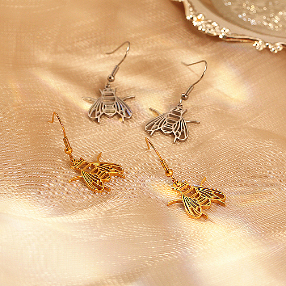 304 Stainless Steel Dangle Earrings, Hollow Insect