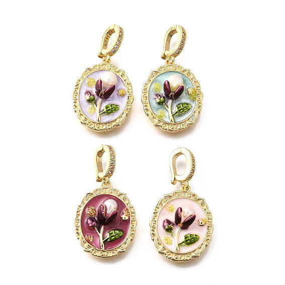 Латунные подвески с микропаве из кубического циркония и эмали, овал с цветочными подвесками, с блестящей пудрой и натуральным пресноводным жемчугом, реальный 18 k позолоченный