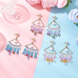 3 пары треугольных стеклянных сережек-люстр, с цилиндрическими бусинами и фурнитурой для сережек-гвоздиков из нержавеющей стали