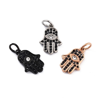 304 Pendentifs en acier inoxydable sertis de strass, revêtement ionique (IP), avec strass de jais et anneau de saut, main hamsa/main de miriam avec oeil