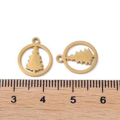 Ion Plating(IP) 304 Stainless Steel Charms, Laser Cut, Round Ring with Christmas Tree Charms
