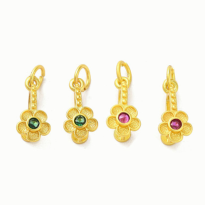 Rack Plating Brass Pave Cubic Zirconia Flower Shape Ice Pick Pinch Bails, with Jump Rings, Long-Lasting Plated
