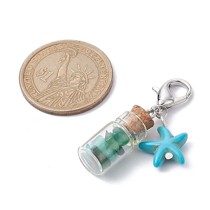 Gemstone Chips in Glass Bottle Pendant Decorations, Starfish Synthetic Turquoise and Zinc Alloy Lobster Claw Clasps Charms