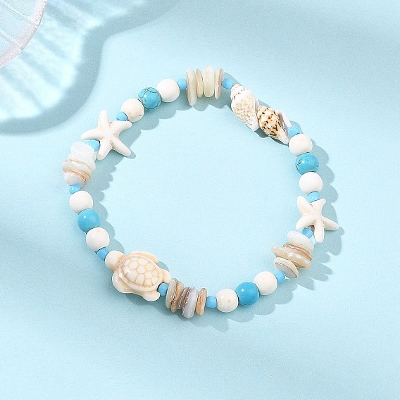 Браслеты из синтетической бирюзы и ракушек, эластичные браслеты для женщин, морская звезда, раковина и черепаха