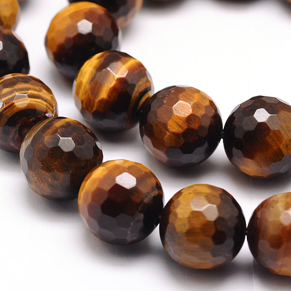 Faceted Grade A Natural Tiger Eye Round Bead Strands, Faceted