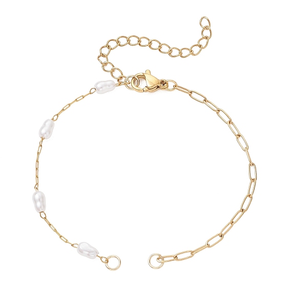 316 Браслет ручной работы из звеньев, выполненный из хирургической нержавеющей стали с канцелярской скрепкой и пластиковой имитацией жемчуга., белые, ионное покрытие (ip)
