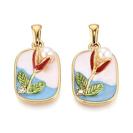 304 подвески из нержавеющей стали со стразами, эмалью и искусственным жемчугом из АБС-пластика, прямоугольник и цветок, золотые