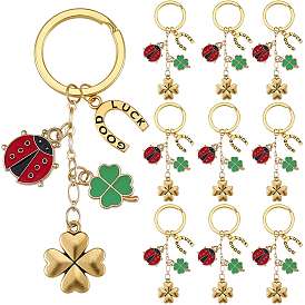 20 llaveros de aleación de esmalte, trébol con la mariquita, con anillos de la aleación