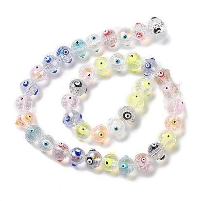 Transparent Evil Eye Glass Beads Strands, with Enamel, Faceted, Round