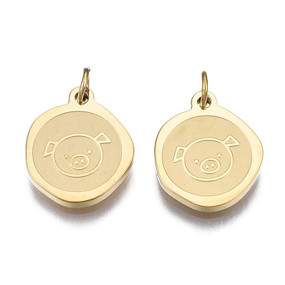 Ion Plating(IP) 304 Stainless Steel Charms, with Jump Rings, Flat Round with Pig