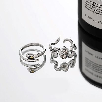Brass Pave Cubic Zirconia Cuff Open Rings, Snake, Platinum