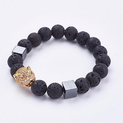 Natural Lava Rock Beaded Stretch Bracelets, with Non-Magnetic Synthetic Hematite Beads & Brass Cubic Zirconia Leopard Head Beads