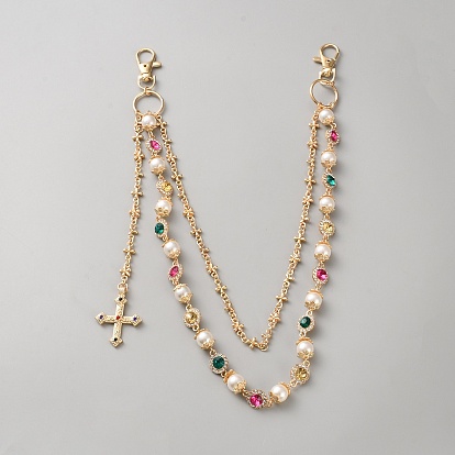 Цепочка из двухслойного сплава с подвесками в виде крестика, украшенная акриловыми цветными стразами и круглыми пластиковыми жемчужинами