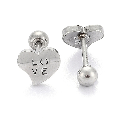 201 Stainless Steel Earlobe Plugs for Valentine's Day, Screw Back Earrings, with 304 Stainless Steel Pins, Heart with Word Love