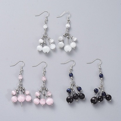 Pendants d'oreilles, avec des perles rondes oeil de chat, Crochets d'oreille en laiton, perles et épingles en acier inoxydable