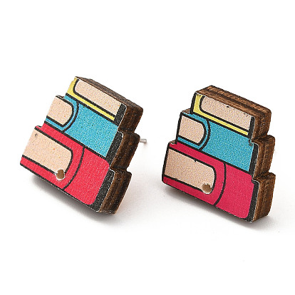 Printing Wood Stud Earrings Findings, with 316 Stainless Steel Pins, Book