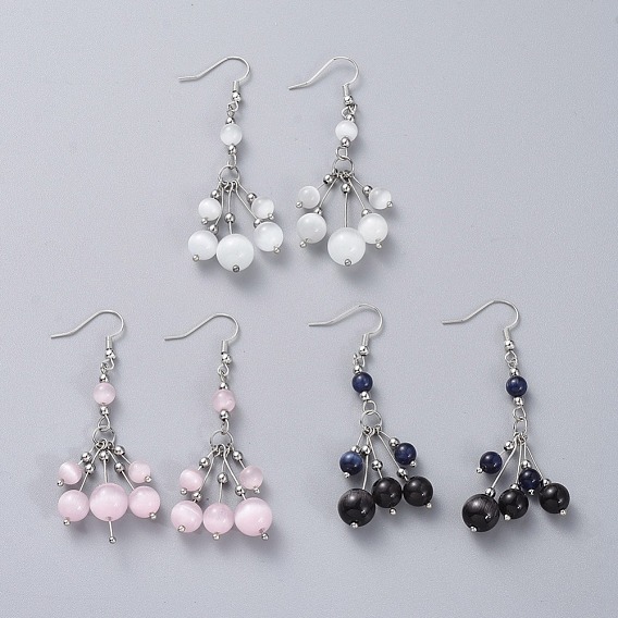 Dangle Earrings, with Cat Eye Round Beads, Brass Earring Hooks, Stainless Steel Beads & Pins