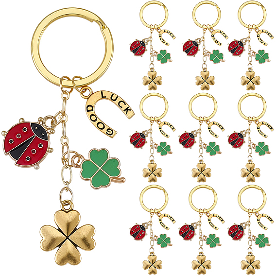 20Pcs Alloy Enamel Keychains, Clover with Ladybug, with Alloy Rings