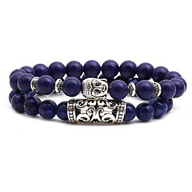 Blue Stone Owl, Buddha & Lion Head Charm Bracelet Set with Curved Tubes