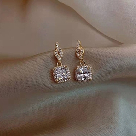 Alloy Rhinestone Stud Earrings, Square Glass Dangle Earrings for Women, with 925 Sterling Silver Pin