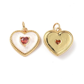Brass Pendants, with Cerise Glass & Enamel, with Jump Rings, Heart Charms