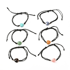 Adjustable Natural & Synthetic Faceted Gemstone Braided Bracelets, with 304 Stainless Steel Eye Pins & Waxed Cotton Cord, Heart