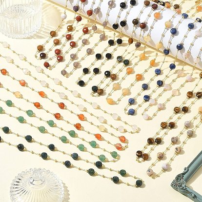 Natural Gemstone Faceted Flat Round Beaded Chain Necklaces with Matte Brass Beads, 304 Stainless Steel Jewelry for Women, Golden, Long-Lasting Plated