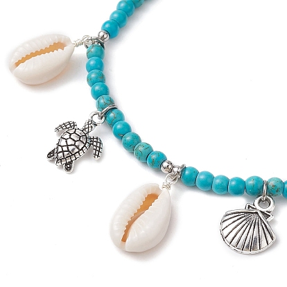 Natural Shell & Alloy Tortoise Charm Anklet, Ocean Theme Synthetic Turquoise Braided Beads Adjustable Anklets