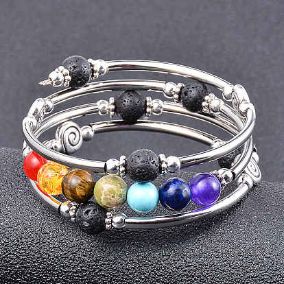 Colorful Natural Stone Wrap Bracelet with Volcanic Rock and Copper Tubes - Multi-layered, Multi-loop Beaded Wristband