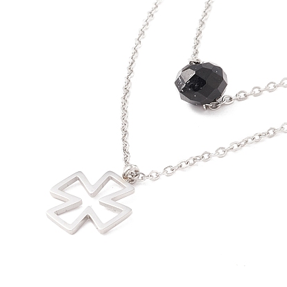 304 Stainless Steel Necklaces, Double Layer Necklaces with Porcelain Glass Bead & Cross Pendant