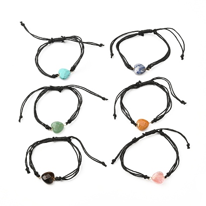 Adjustable Natural & Synthetic Faceted Gemstone Braided Bracelets, with 304 Stainless Steel Eye Pins & Waxed Cotton Cord, Heart
