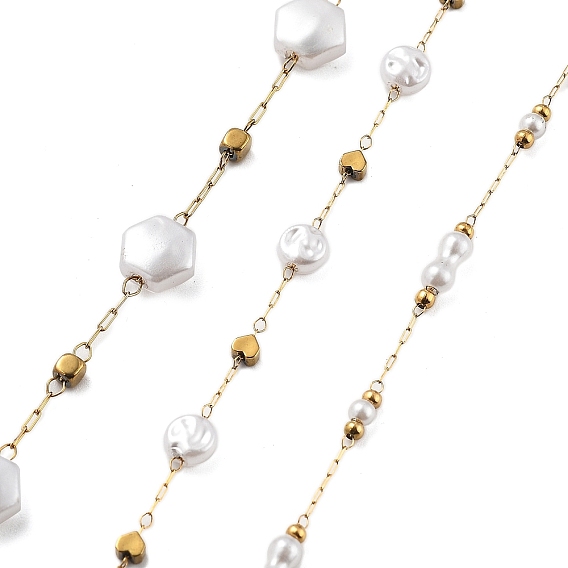 Цепочки из искусственного жемчуга и бусин из нержавеющей стали, с 304 цепями из нержавеющей стали, ионное покрытие (ip), пайки, с катушкой