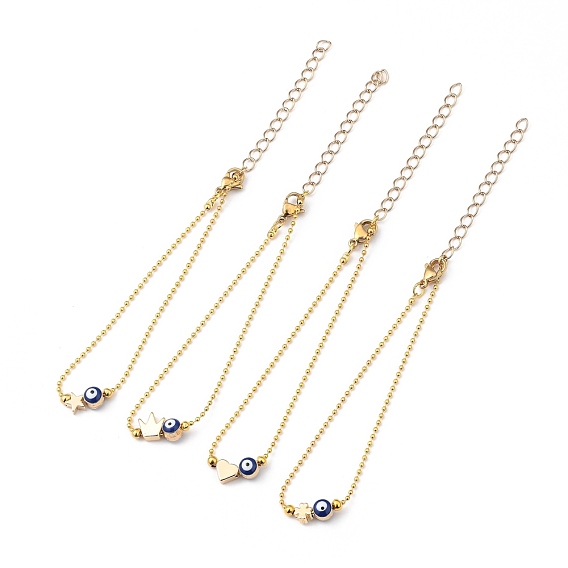 Beaded Bracelets, with Brass Beads & Ball Chains, Evil Eye Alloy Enamel Beads, 304 Stainless Steel Lobster Claw Clasps, Mixed Shapes
