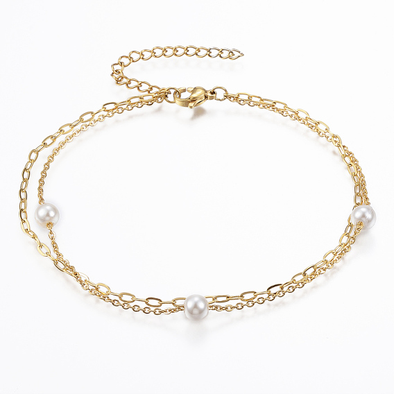 304 Stainless Steel Multi-Strand Anklets, with Lobster Clasps, Acrylic Pearl Beads and Extender Chains, Round