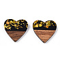 Opaque Resin & Walnut Wood Pendants, Heart Charms with Paillettes