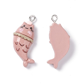 Opaque Resin Pendants, Cat Fish Charm, with Platinum Tone Iron Loops