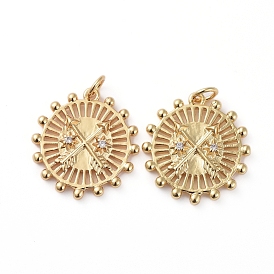 Brass Micro Pave Clear Cubic Zirconia Pendants, with Jump Rings, Long-Lasting Plated, Sun with Arrow